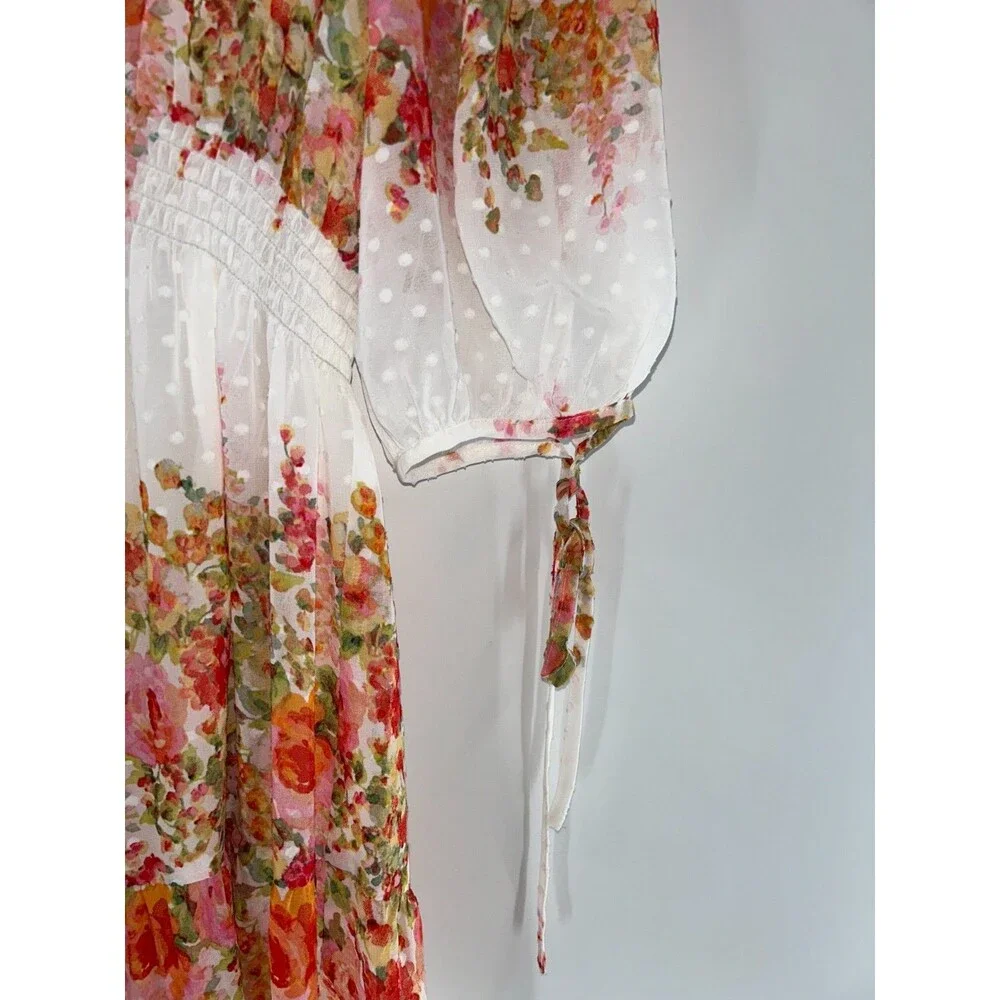 Women's Taylor Floral Striped Swiss-Dot Chiffon Cottagecore Maxi Dress Size 6 - Picture 5 of 8